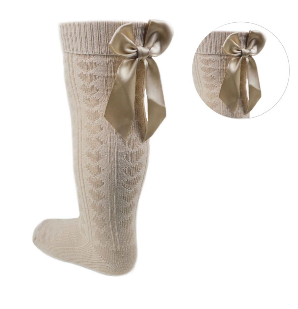 Beige Knee High Socks with Ribbon